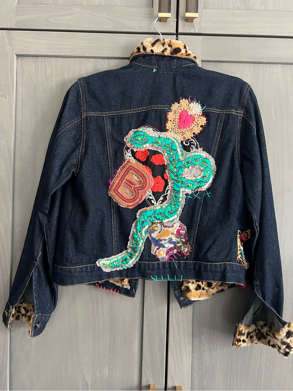 Antica Santoria Embroidered Denim Jacket with Fuschia and Leopard Trim - Picture 2 of 15